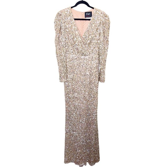 Mac Duggal NWT Gold Sequin Puff Sleeve Surplice Gown 5510 Size 6 - Picture 4 of 8